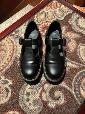 Dr. Martens Womens Black T-Strap Mary Jane Shoes with Yellow Stitching